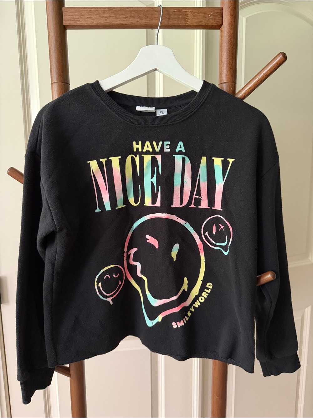 Black Kids Sweatshirt with Pastel Tie-Dye Smiley Graphic